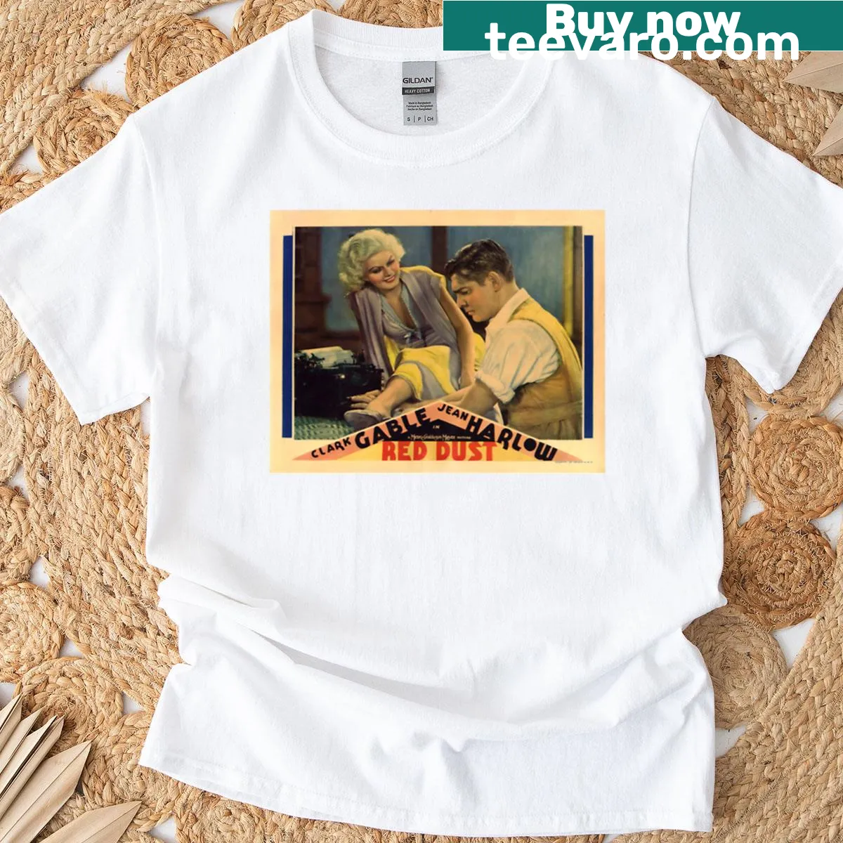 Vintage movie card-inspired T-shirt in red dust style. — on a men's t-shirt