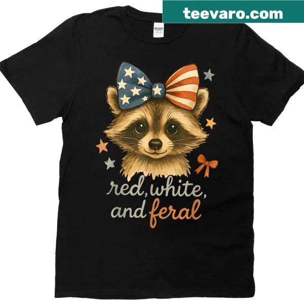 Funny patriotic t-shirt featuring a raccoon in red, white, and blue