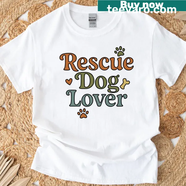 T-shirt celebrating rescue dogs with heartwarming illustrations.