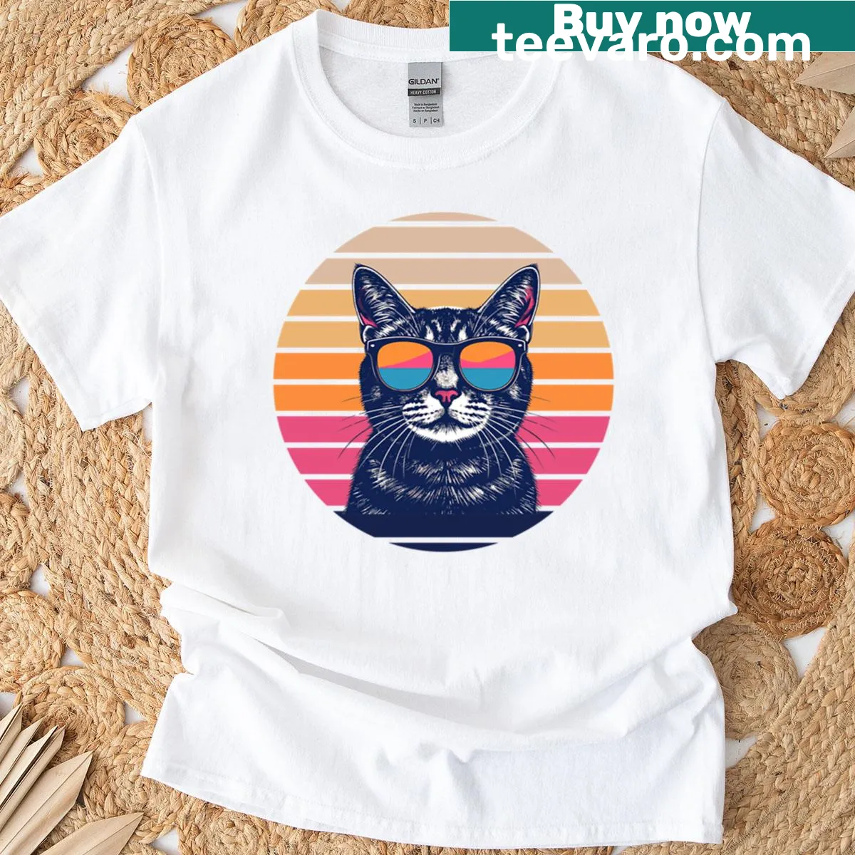 Vintage-style t-shirt featuring a cat in sunglasses — on a men's t-shirt