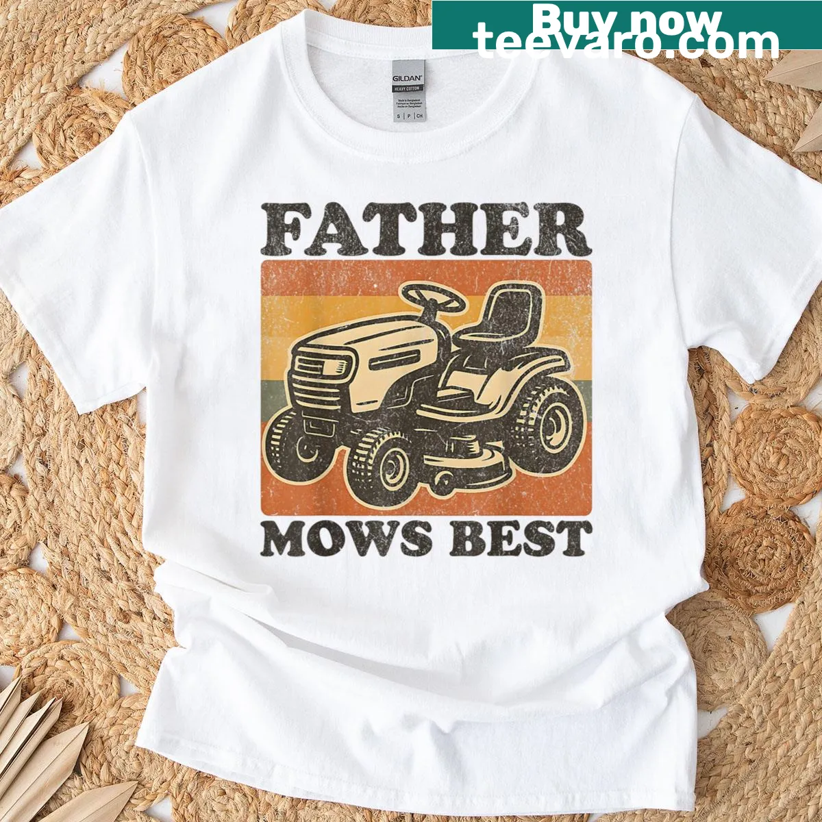 Funny vintage-style 'Father Mows Best' T-shirt for dads — on a men's t-shirt