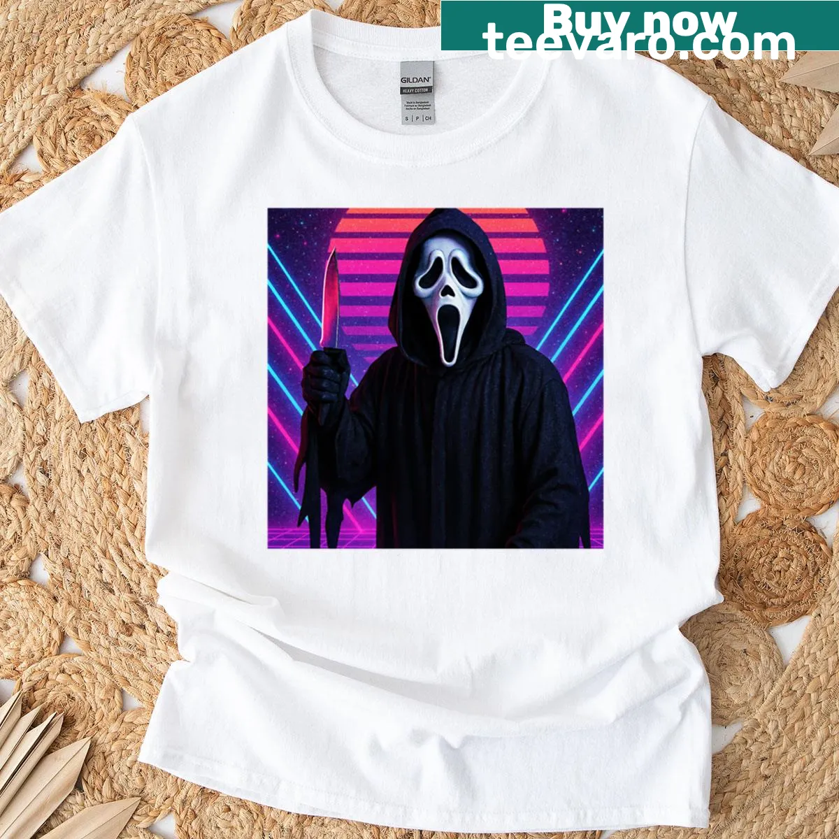 Retro-style T-shirt featuring the Ghostface character silhouette — on a men's t-shirt