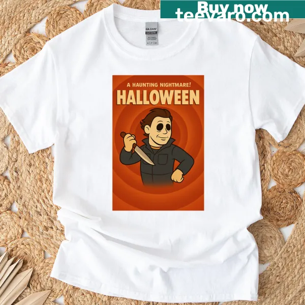 Cartoon Michael Myers graphic on a vintage Halloween t-shirt