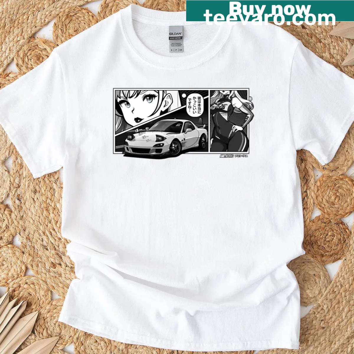 Manga panel style illustration of RX-7 FD on t-shirt — on a men's t-shirt