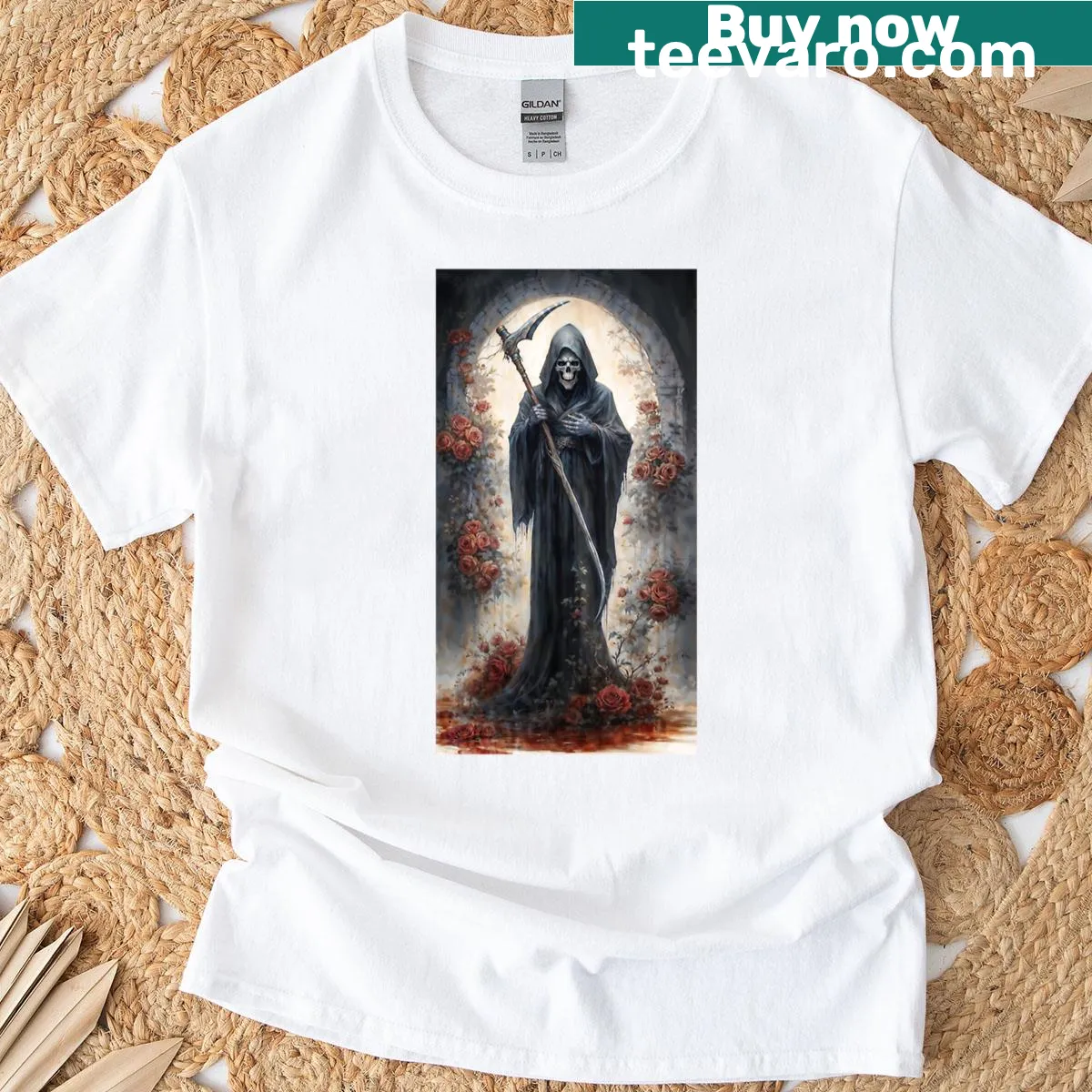 Santa Muerte illustrated design t-shirt with floral elements — on a men's t-shirt