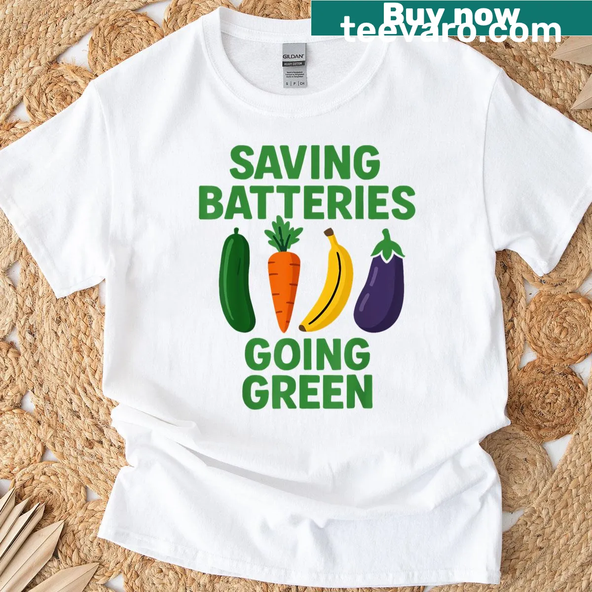Funny women’s t-shirt with humor about saving batteries and going green — on a men's t-shirt