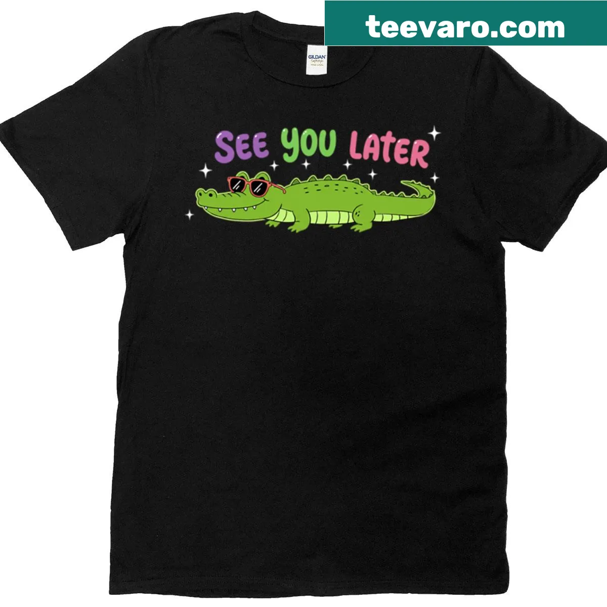 Cartoon alligator in sunglasses with the text 'See You Later Alligator' — on a men's t-shirt