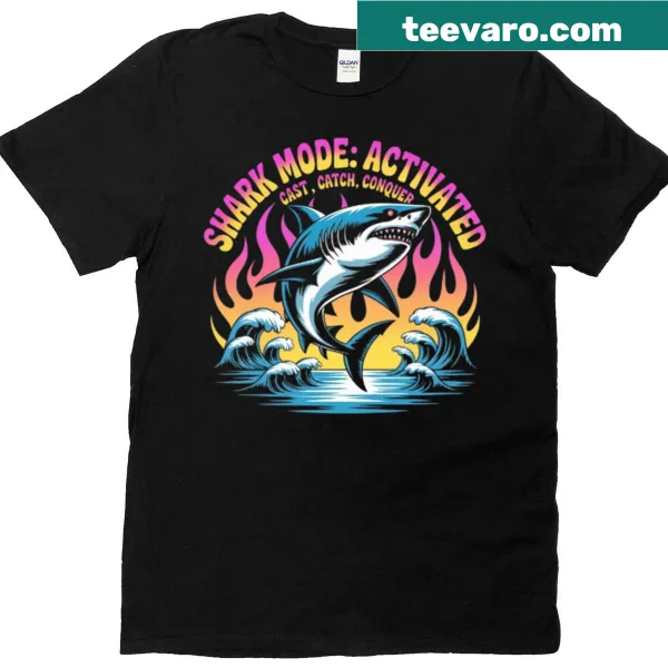 T-shirt with 'Shark Mode Activated' text and fishing theme