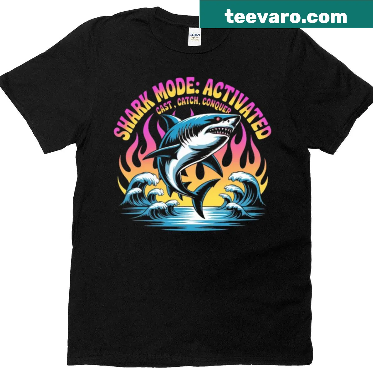 T-shirt with 'Shark Mode Activated' text and fishing theme — on a men's t-shirt
