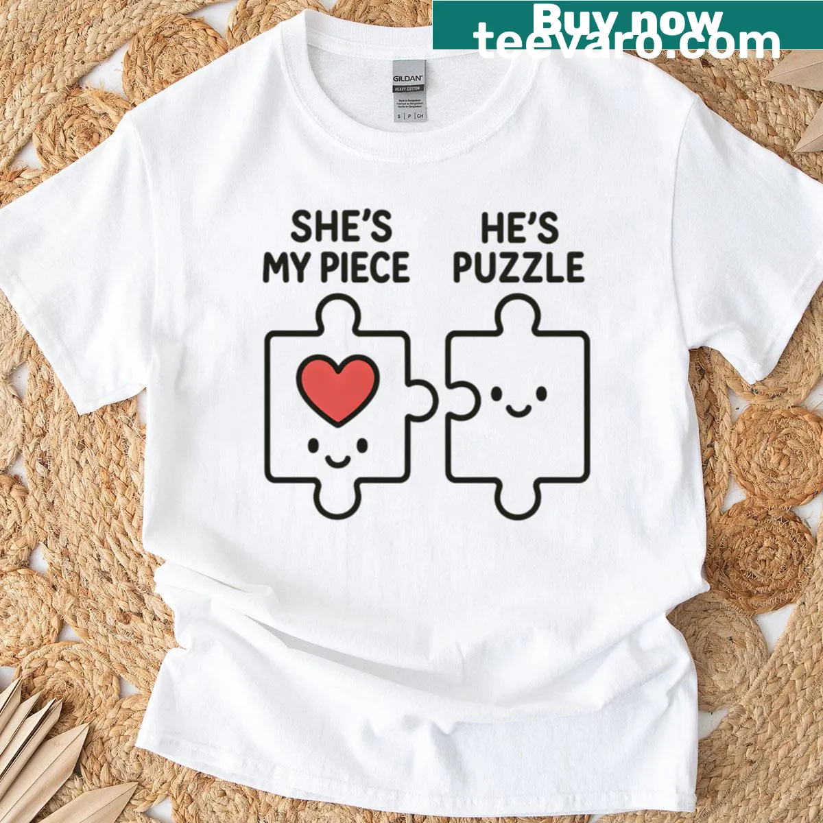 Cute matching couple t-shirt with puzzle piece design — on a men's t-shirt