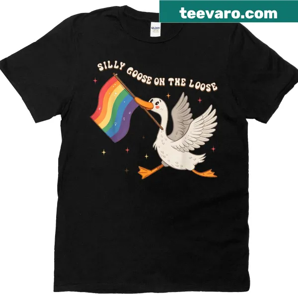Silly Goose text with rainbow flag design on a t-shirt.