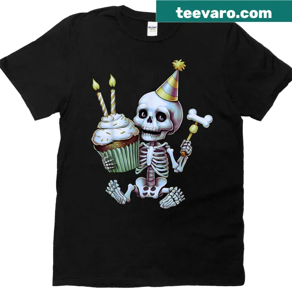 Cute skeleton with cupcakes illustration on a birthday t-shirt.