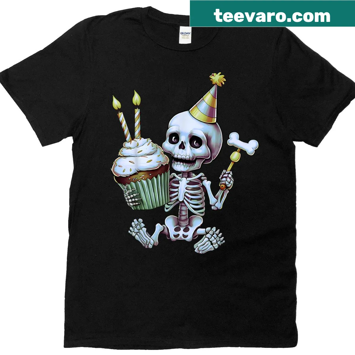Cute skeleton with cupcakes illustration on a birthday t-shirt. — on a men's t-shirt