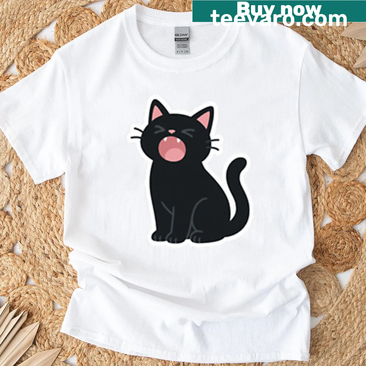 Cartoon t-shirt featuring a sleepy black cat yawning — on a men's t-shirt