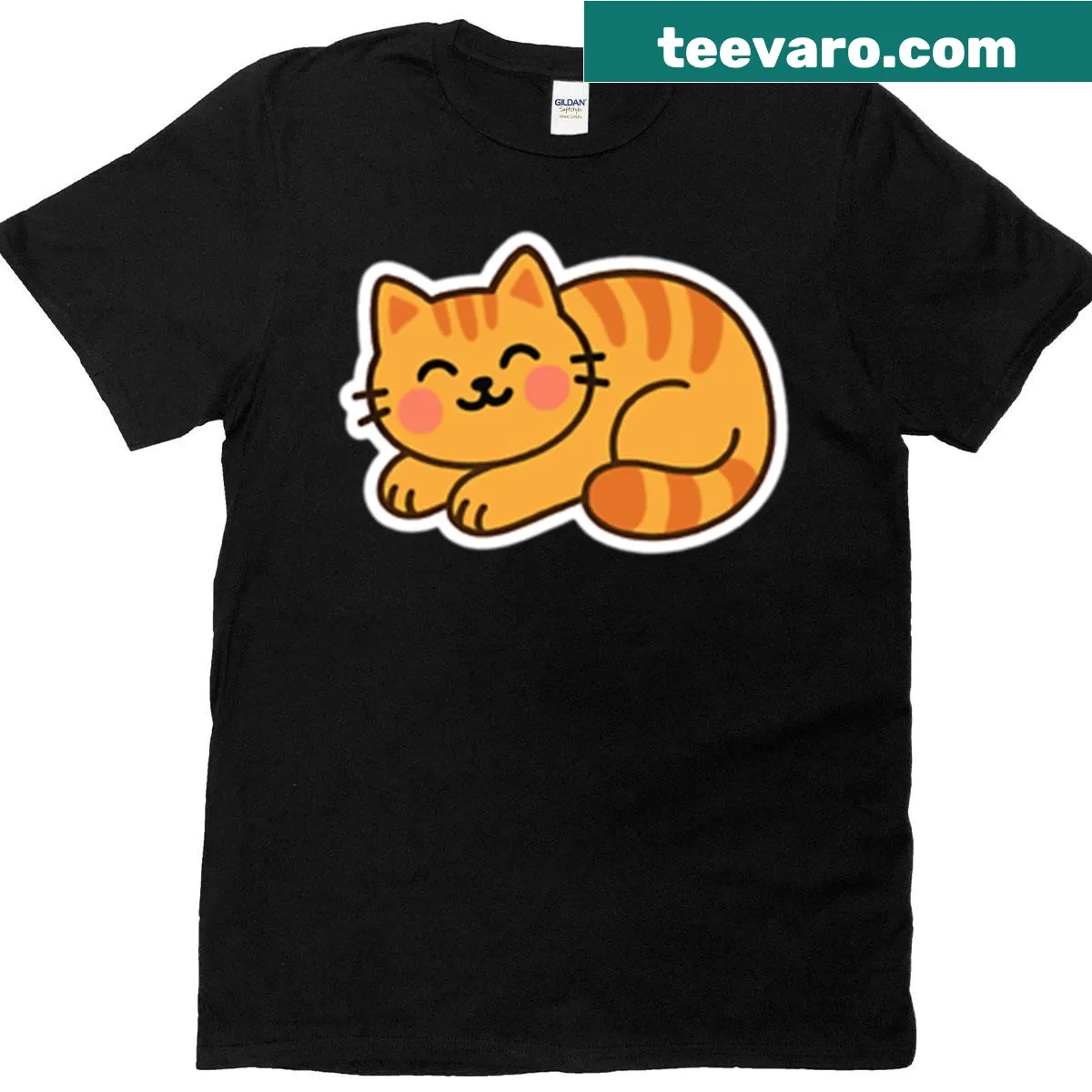 Oversized T-shirt with a cozy orange tabby cat sticker graphic — on a men's t-shirt