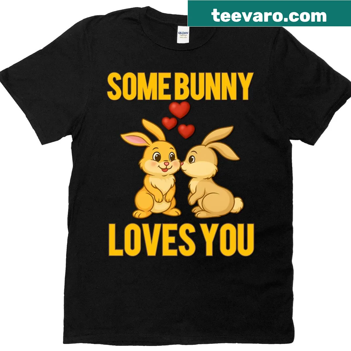 Cartoon bunnies with 'Some Bunny Loves You' text on a t-shirt — on a men's t-shirt