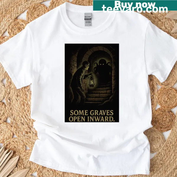 Typography t-shirt featuring a horror-themed phrase about graves