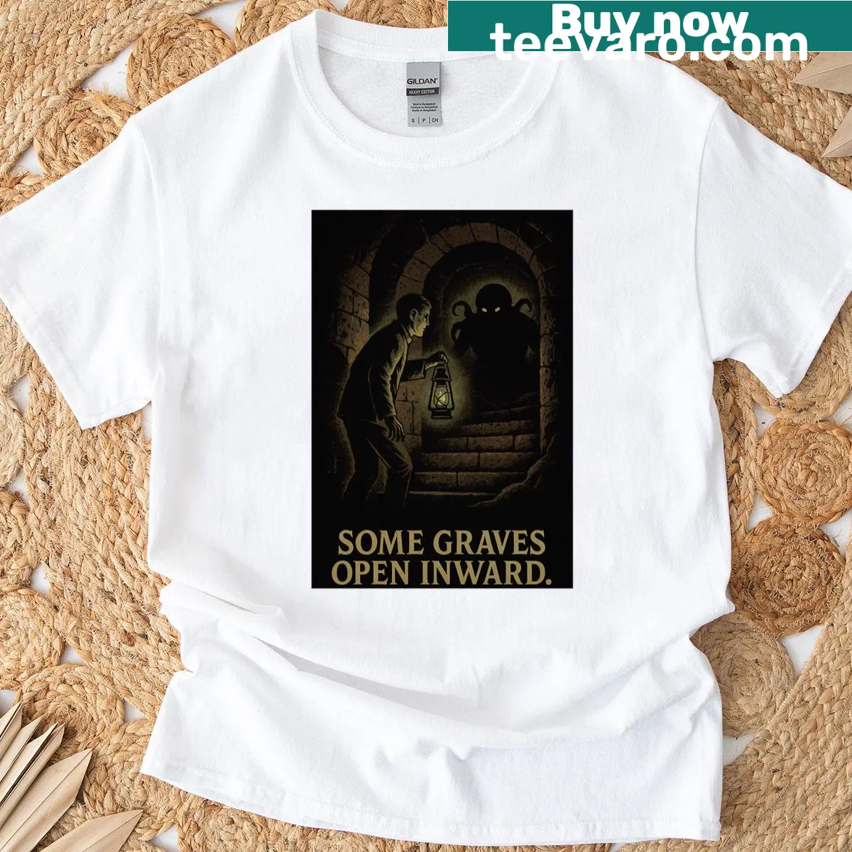 Typography t-shirt featuring a horror-themed phrase about graves — on a men's t-shirt