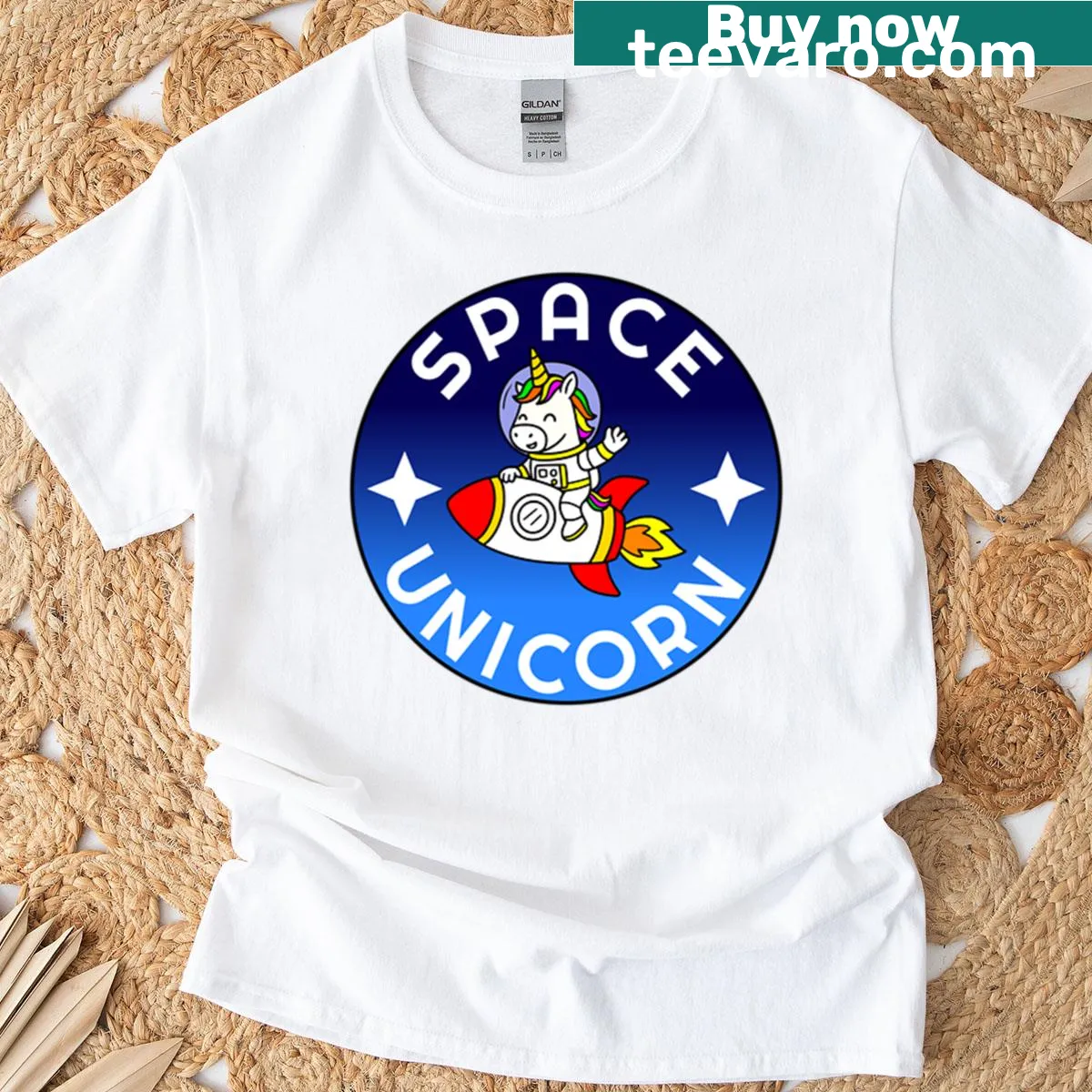 Cartoon unicorn riding a rocket in space on t-shirt — on a men's t-shirt