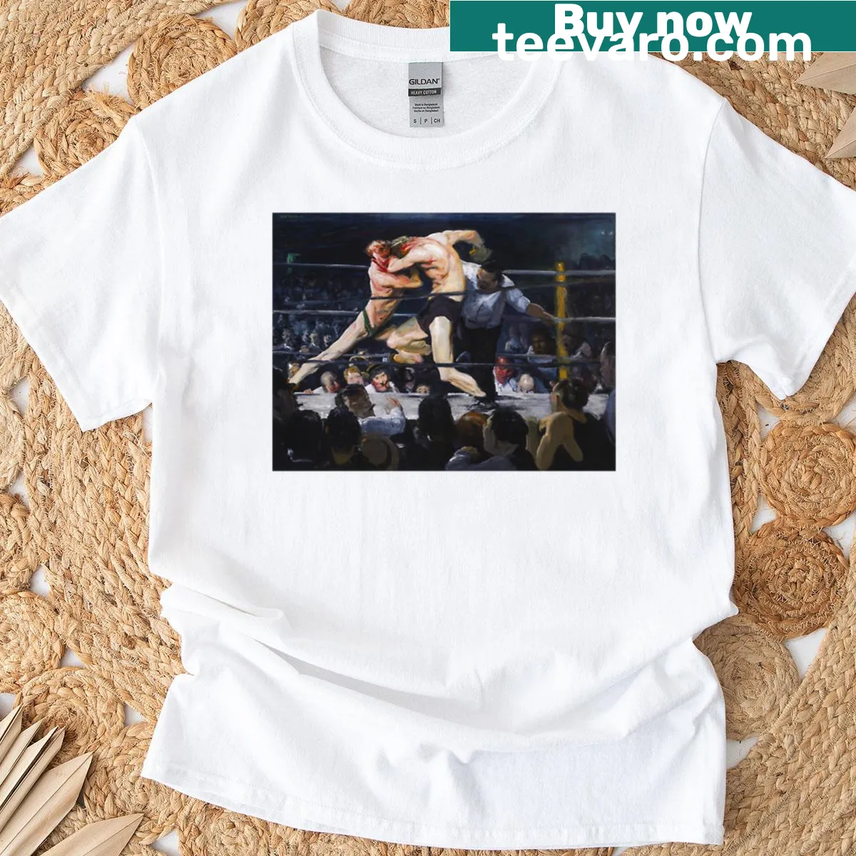 T-shirt featuring the vintage boxing painting 'Stag At Sharkeys' — on a men's t-shirt