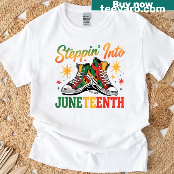 Colorful t-shirt celebrating Juneteenth with diverse sneaker graphic