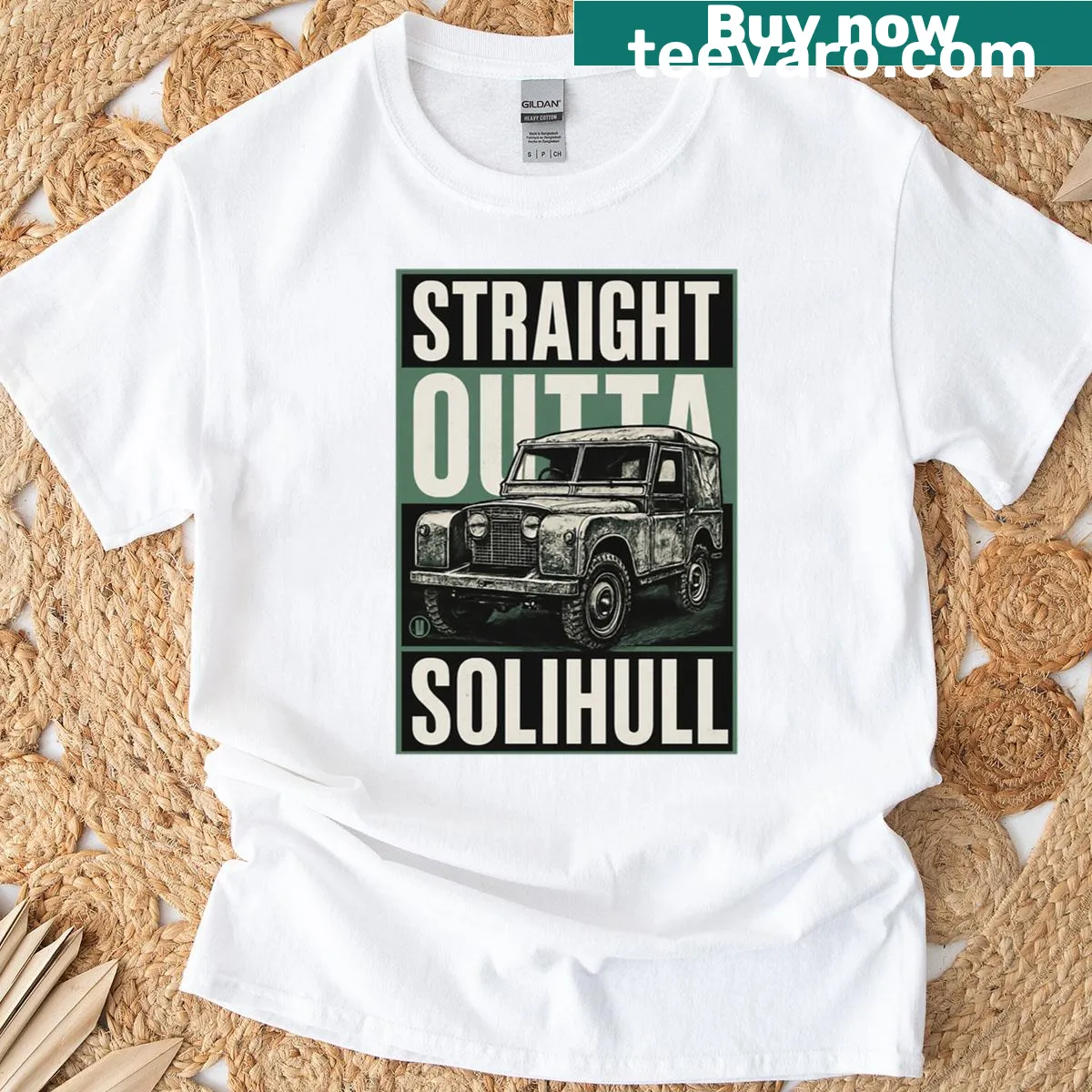 T-shirt featuring 'Straight Outta Solihull' and Land Rover graphic — on a men's t-shirt