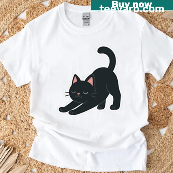 Illustration of a stretching black cat on oversized t-shirt