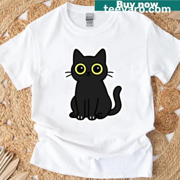 Black cat sticker t-shirt with big eyes and a surprised expression