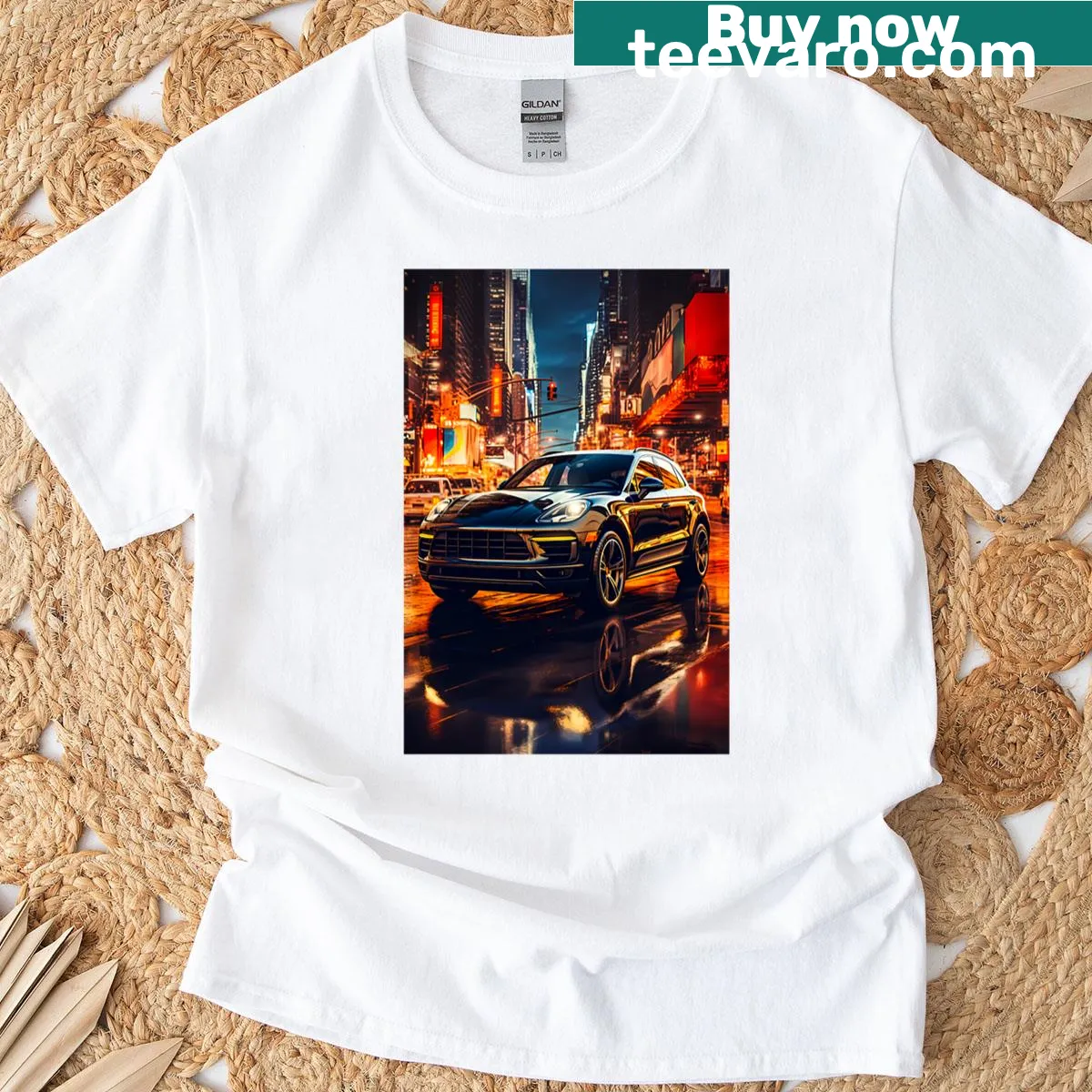 Illustrated SUV with city reflections on a casual T-shirt — on a men's t-shirt