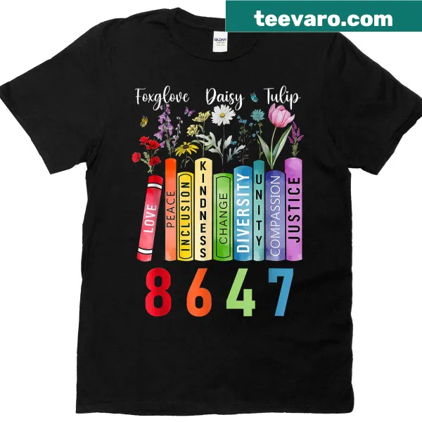 Floral t-shirt for book lovers with foxglove, daisy, and tulip graphics