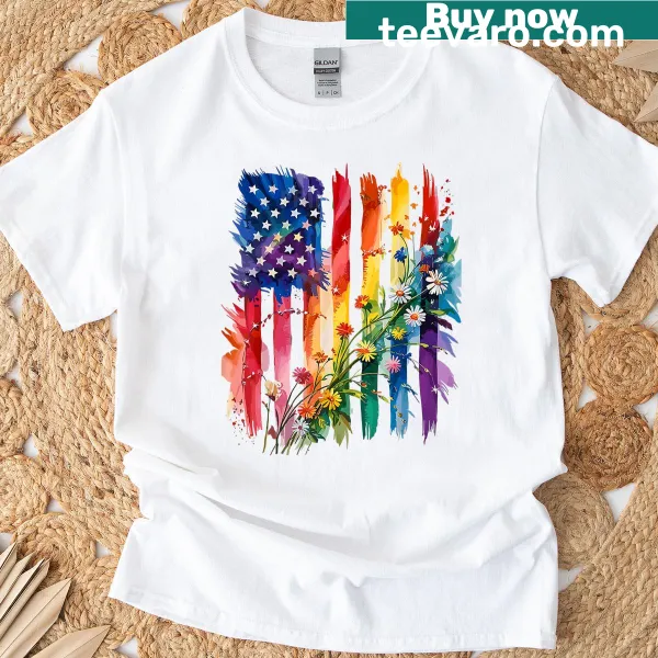 Floral design intertwining American flag and LGBTQ symbols.