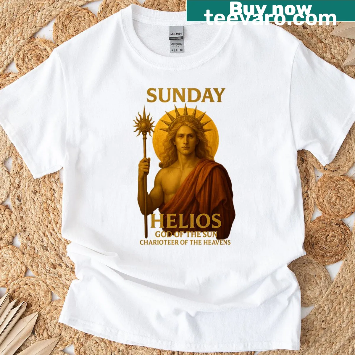 Helios, the sun god, illustrated as the charioteer of the heavens on a t-shirt. — on a men's t-shirt