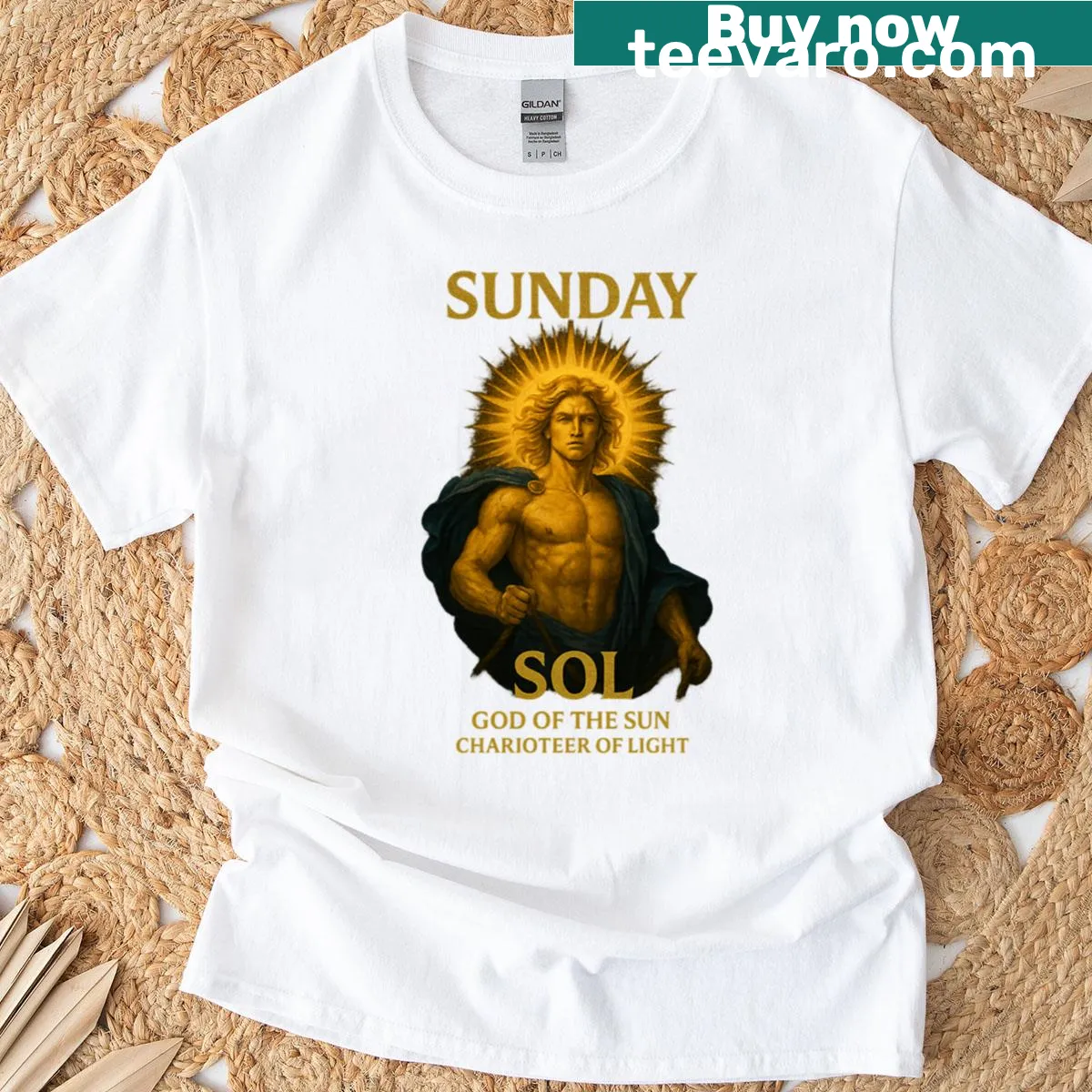 T-shirt featuring Sol, the Roman sun god, as a charioteer of light. — on a men's t-shirt
