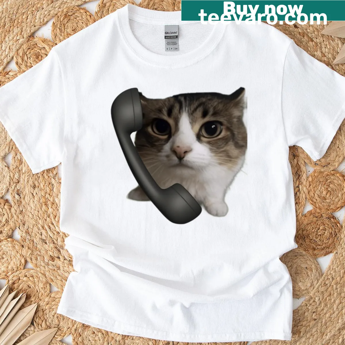 Cute T-shirt depicting a tabby cat talking on the phone — on a men's t-shirt