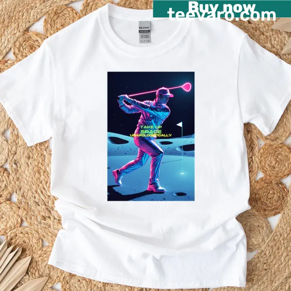 Golfer on the moon graphic with neon lights and text