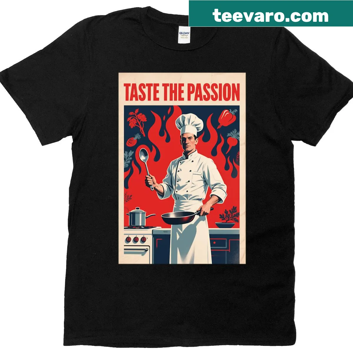 Retro chef-themed t-shirt with 'Taste The Passion' text — on a men's t-shirt