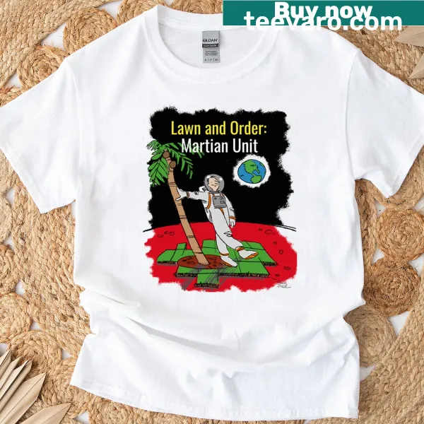 T-shirt featuring a whimsical astronaut and the text about terraforming on Mars.