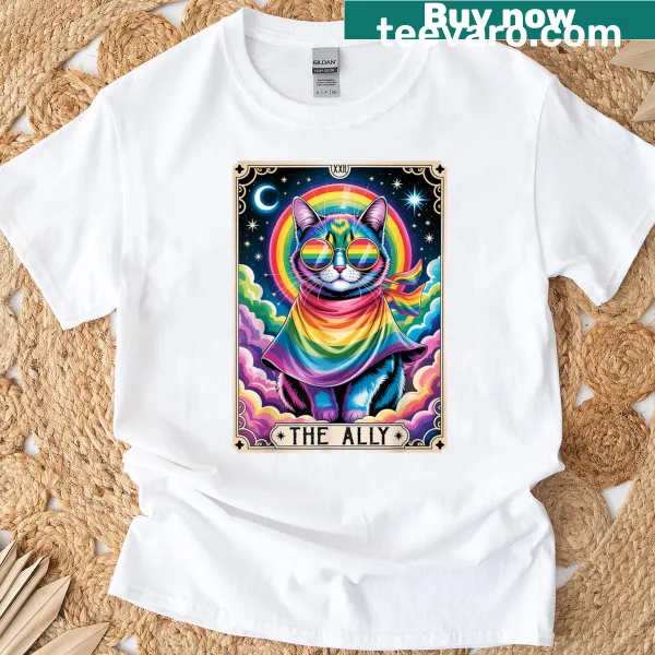 Whimsical cat tarot card design with rainbow elements for pride
