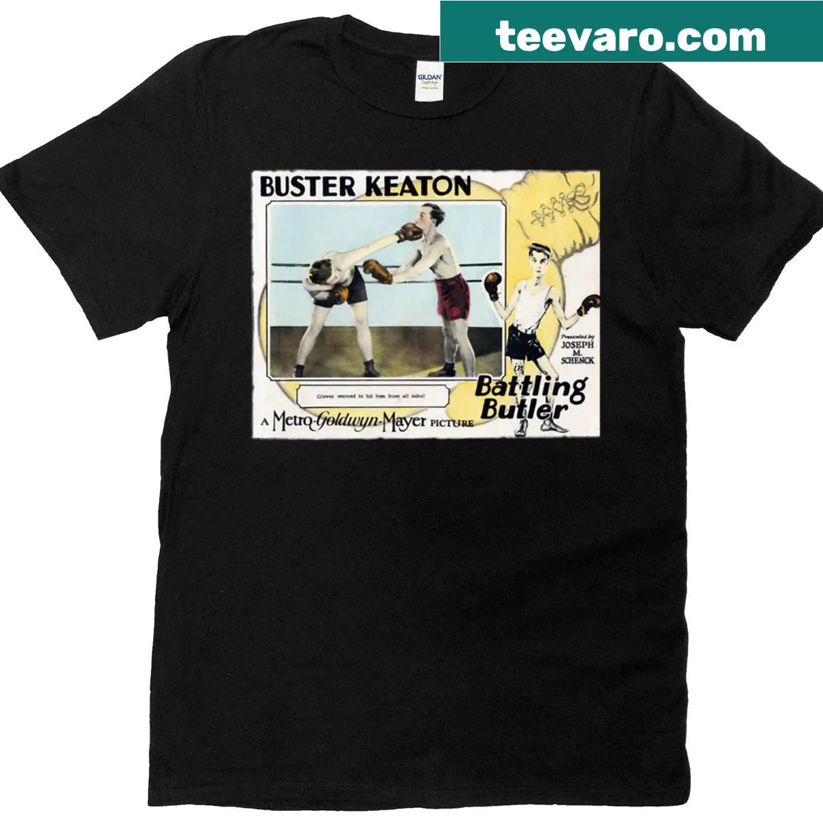 Tribute graphic featuring Buster Keaton on a t-shirt — on a men's t-shirt