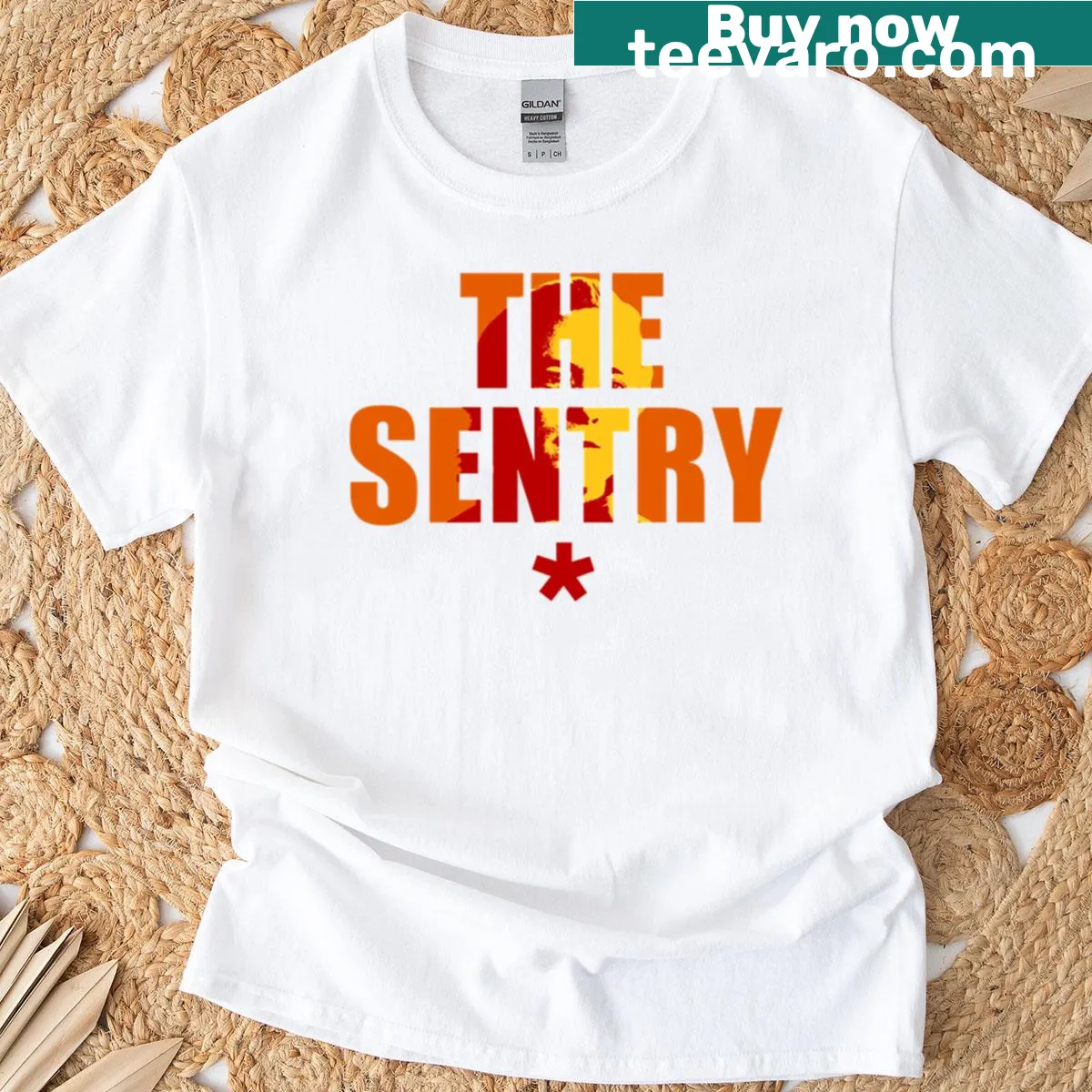 Cartoon-style graphic of a sentry on a T-shirt — on a men's t-shirt