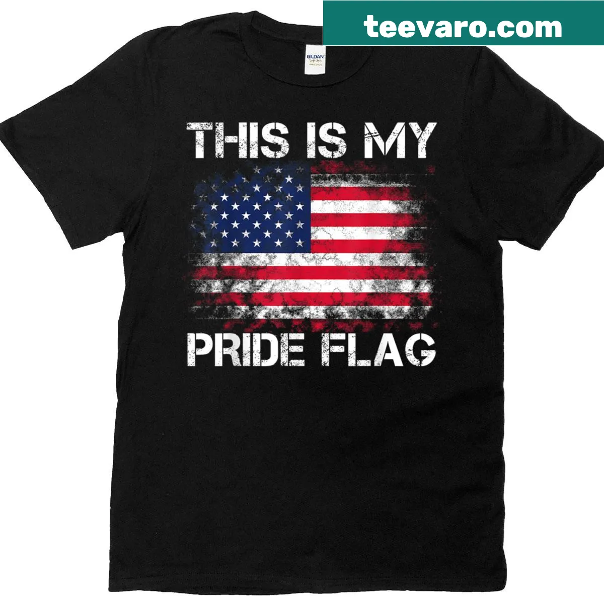 Patriotic T-shirt with pride flag design and text — on a men's t-shirt