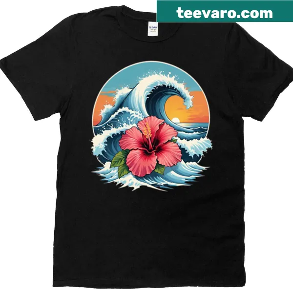 T-shirt featuring hibiscus flowers and a wave pattern illustration