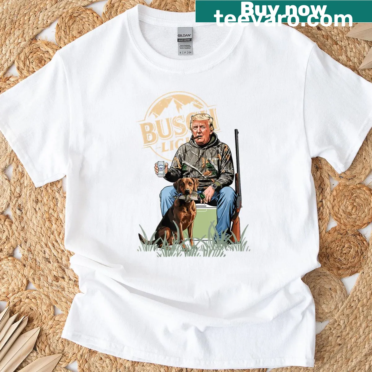Humorous graphic of Trump with dog and duck on a T-shirt — on a men's t-shirt