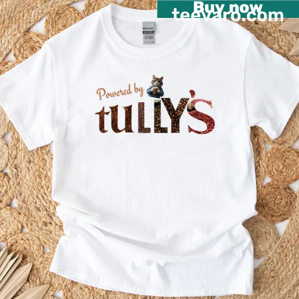 Playful cat and coffee graphic on t-shirt