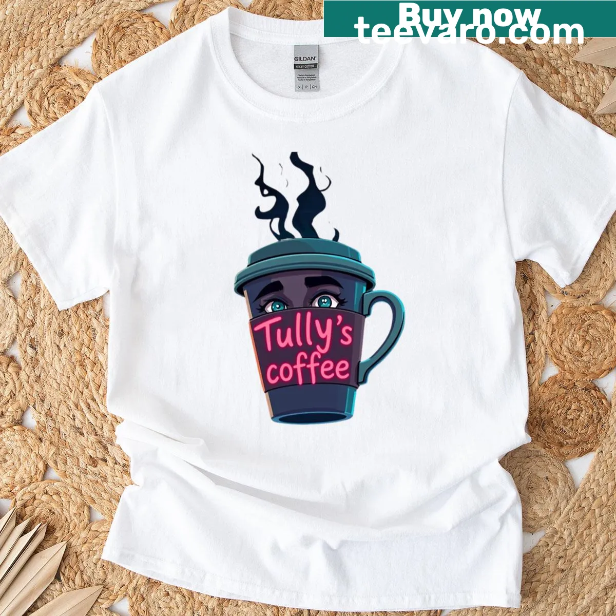 Cartoon character with a coffee cup on oversized t-shirt — on a men's t-shirt