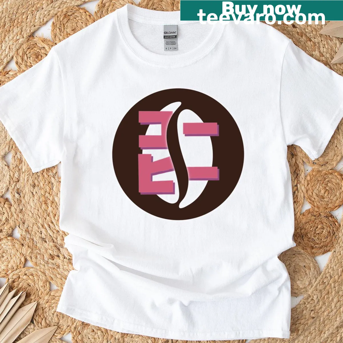 Tullys coffee cup in pink Japanese font on t-shirt — on a men's t-shirt