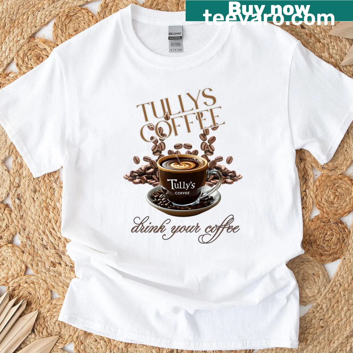 Drink Your Coffee phrase printed on a T-shirt — on a men's t-shirt