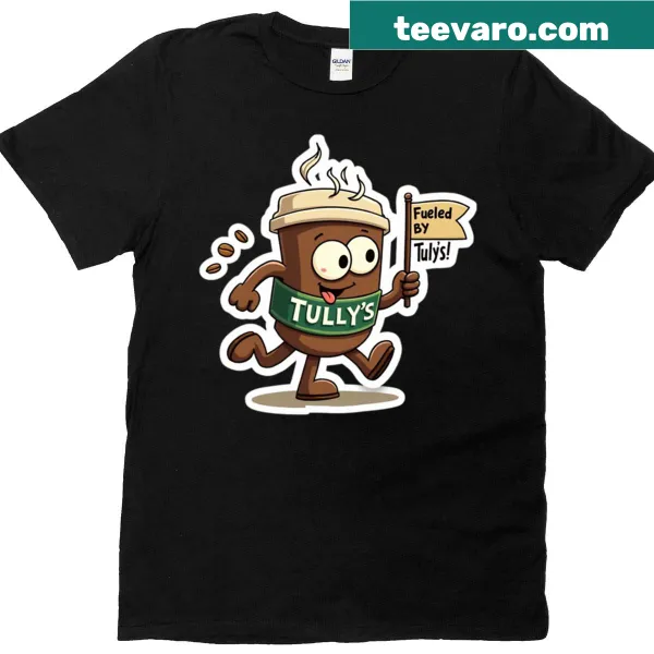 Whimsical Tully's inspired coffee adventure design on a T-shirt