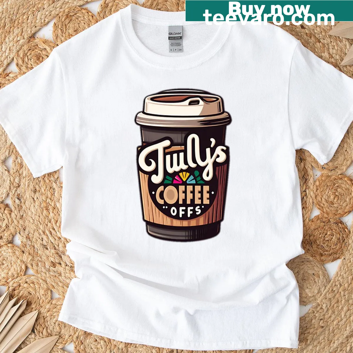 Sticker design featuring coffee elements and morning themes — on a men's t-shirt