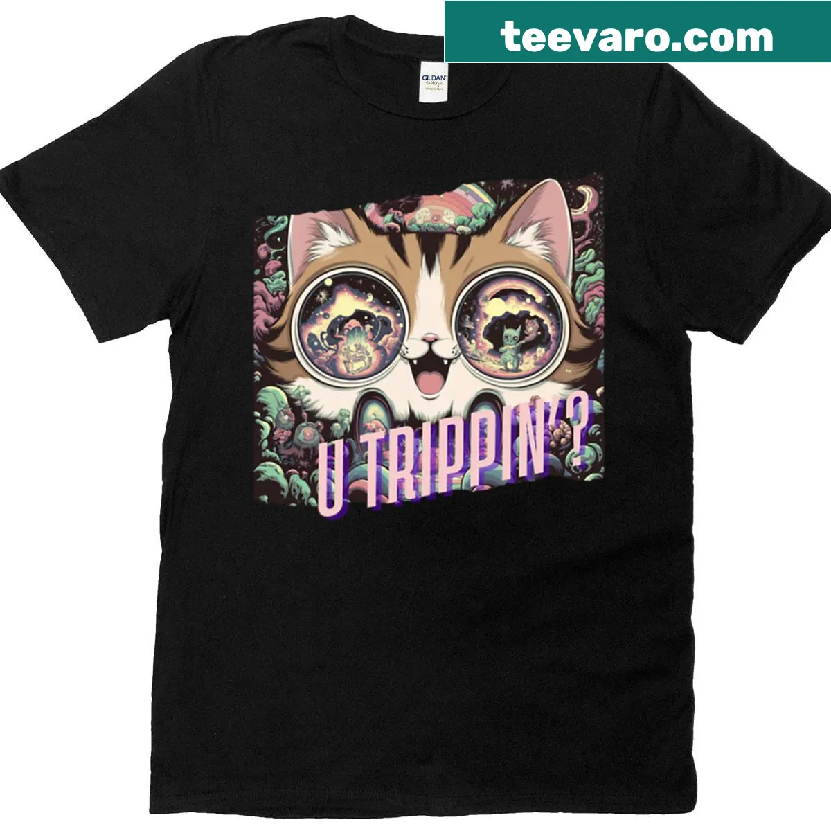 Chibi-style psychedelic cat eyes graphic on a T-shirt — on a men's t-shirt